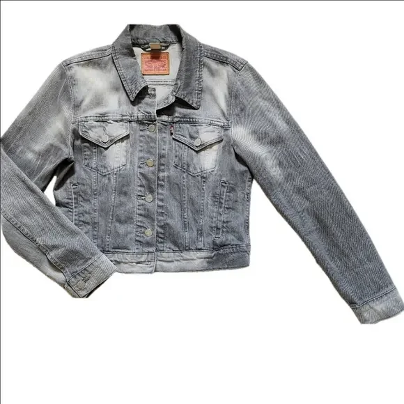 Women's Denim Jean Jacket Gray Distressed faded Cropped Collared LEVI STRAUSS - Picture 7 of 16